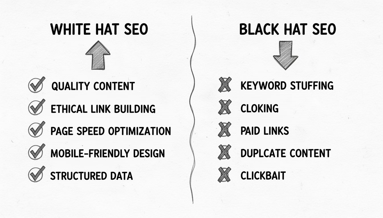 Vergleichsdiagramm White-Hat- vs. Black-Hat-SEO-Techniken, das ethische Praktiken mit Häkchen und täuschende Praktiken mit X zeigt