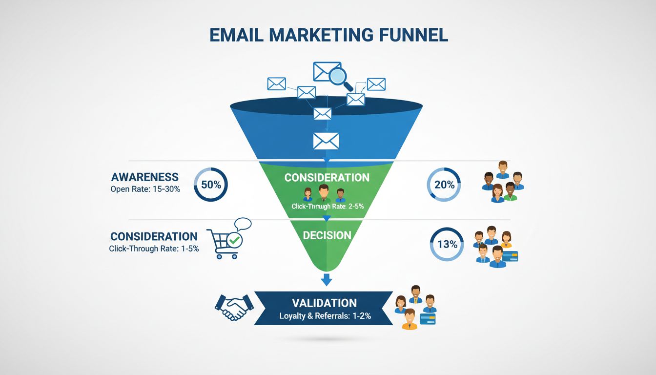E-Mail-Marketing-Funnel mit Awareness-, Consideration-, Decision- und Validation-Phasen samt Metriken