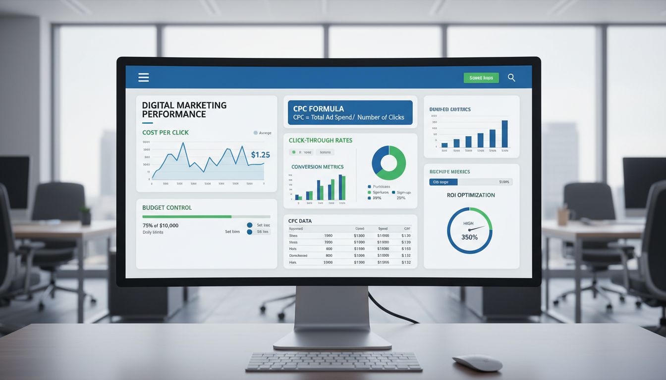 Digitales Marketing-Dashboard mit CPC-Kennzahlen, Analysecharts und Budgetverwaltungstools