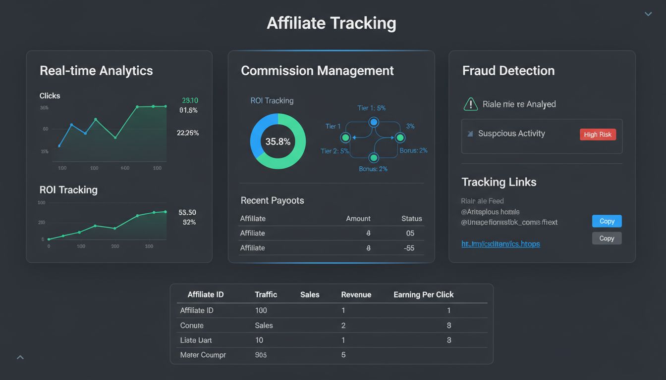 Post Affiliate Pro Dashboard mit Affiliate-Tracking-Metriken, Echtzeit-Analytik, Provisionsmanagement, Betrugserkennung und ROI-Tracking