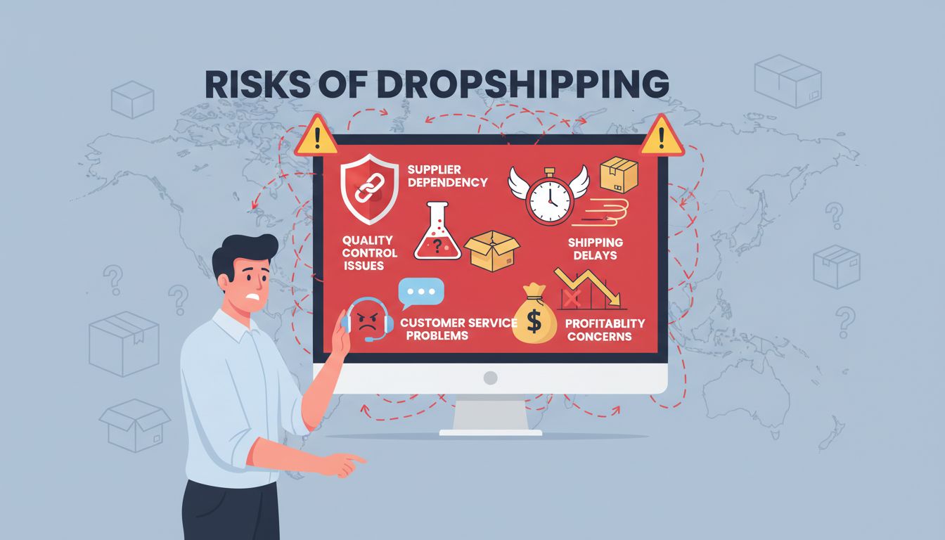 Infografik zeigt Dropshipping-Risiken wie Lieferantenabhängigkeit, Probleme bei der Qualitätskontrolle, Versandverzögerungen, Schwierigkeiten im Kundenservice und Rentabilitätsbedenken