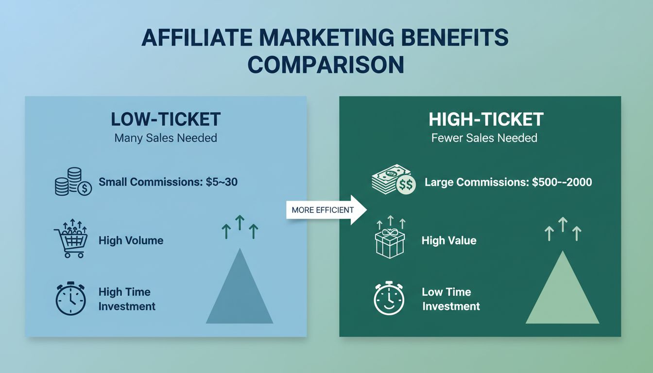 High-ticket vs low-ticket affiliate marketing comparison infographic showing commission differences and sales volume requirements