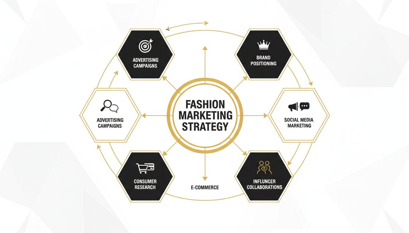 Fashion-Marketing-Strategiediagramm zeigt Markenpositionierung, Social Media Marketing, Influencer-Kooperationen, E-Commerce, Konsumentenforschung und Werbekampagnen