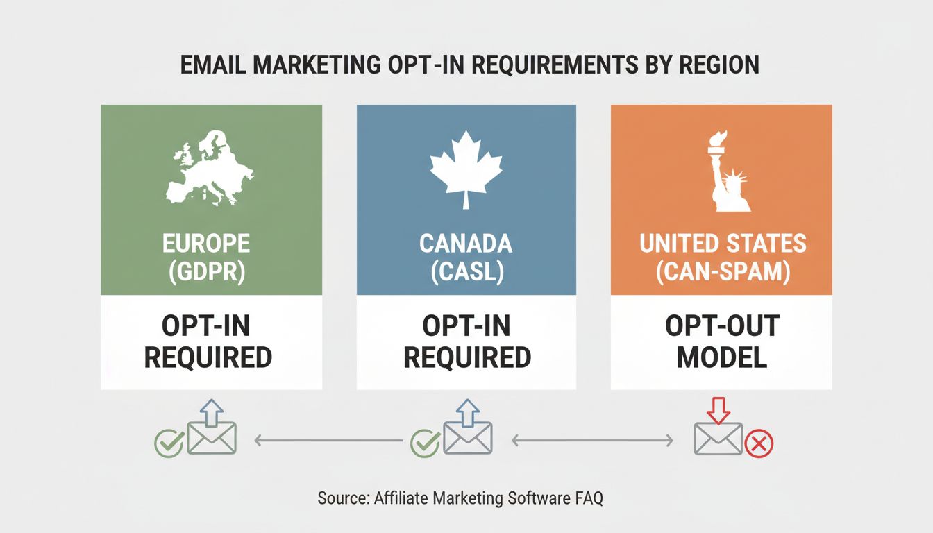 E-Mail-Marketing Opt-In-Anforderungen nach Region: Europa GDPR Opt-In erforderlich, Kanada CASL Opt-In erforderlich, USA CAN-SPAM Opt-Out-Modell