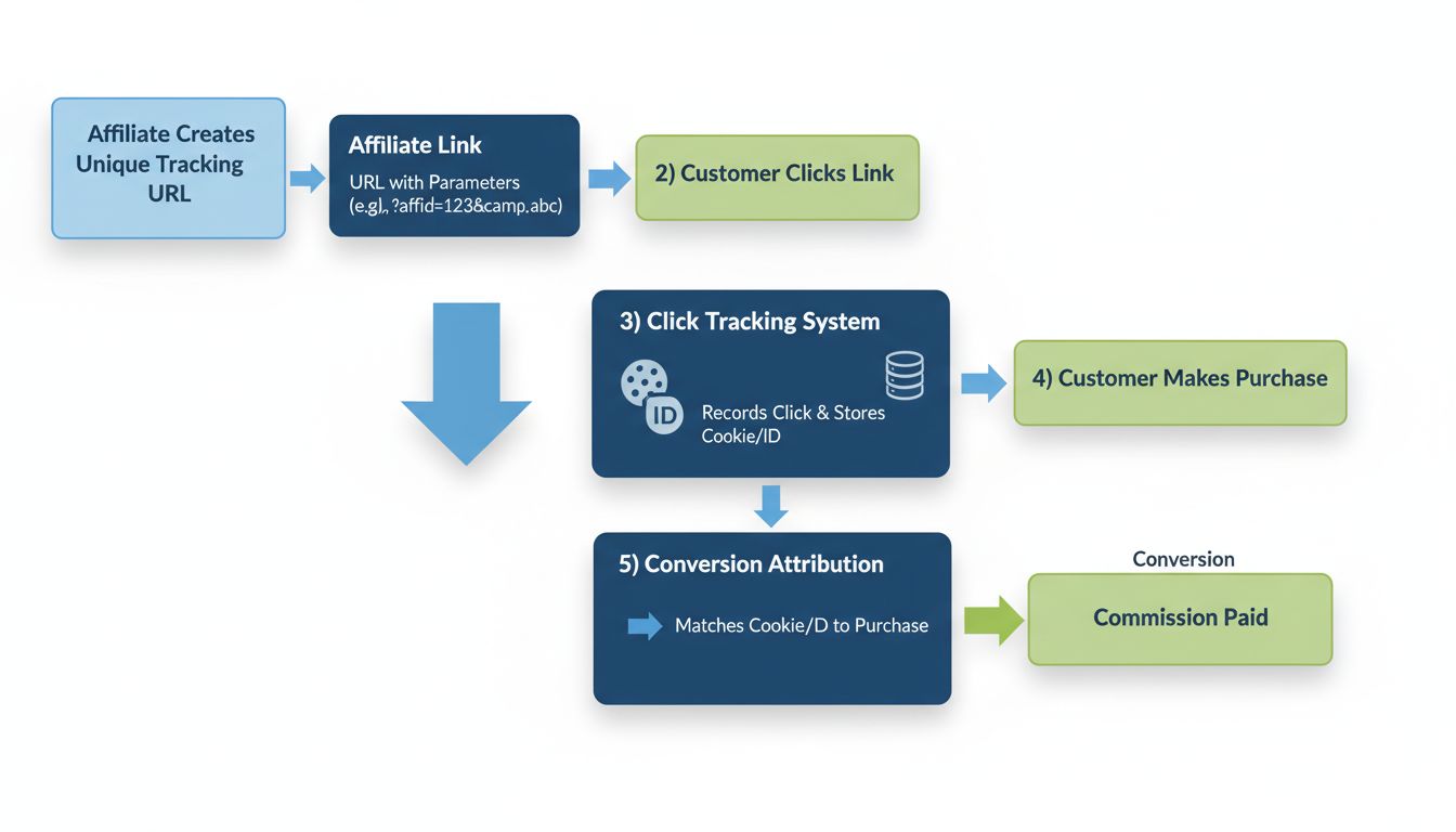 URL-Tracking-Flussdiagramm zeigt Erstellung des Affiliate-Links, Kundenklick, Trackingsystem, Kauf und Provisionszuordnung