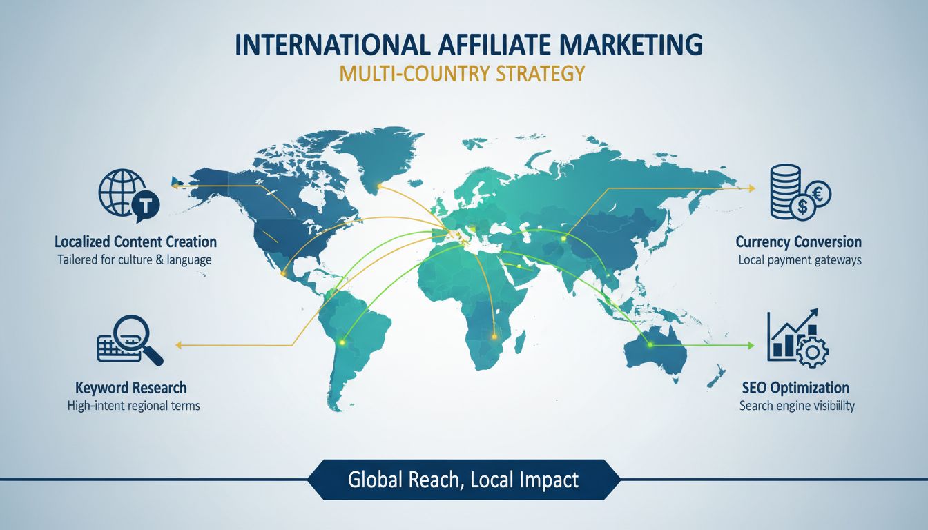 Infografik zur internationalen SEO-Affiliate-Marketing-Strategie mit multi-nationalem Ansatz, lokalisierten Inhalten und regionaler Optimierung