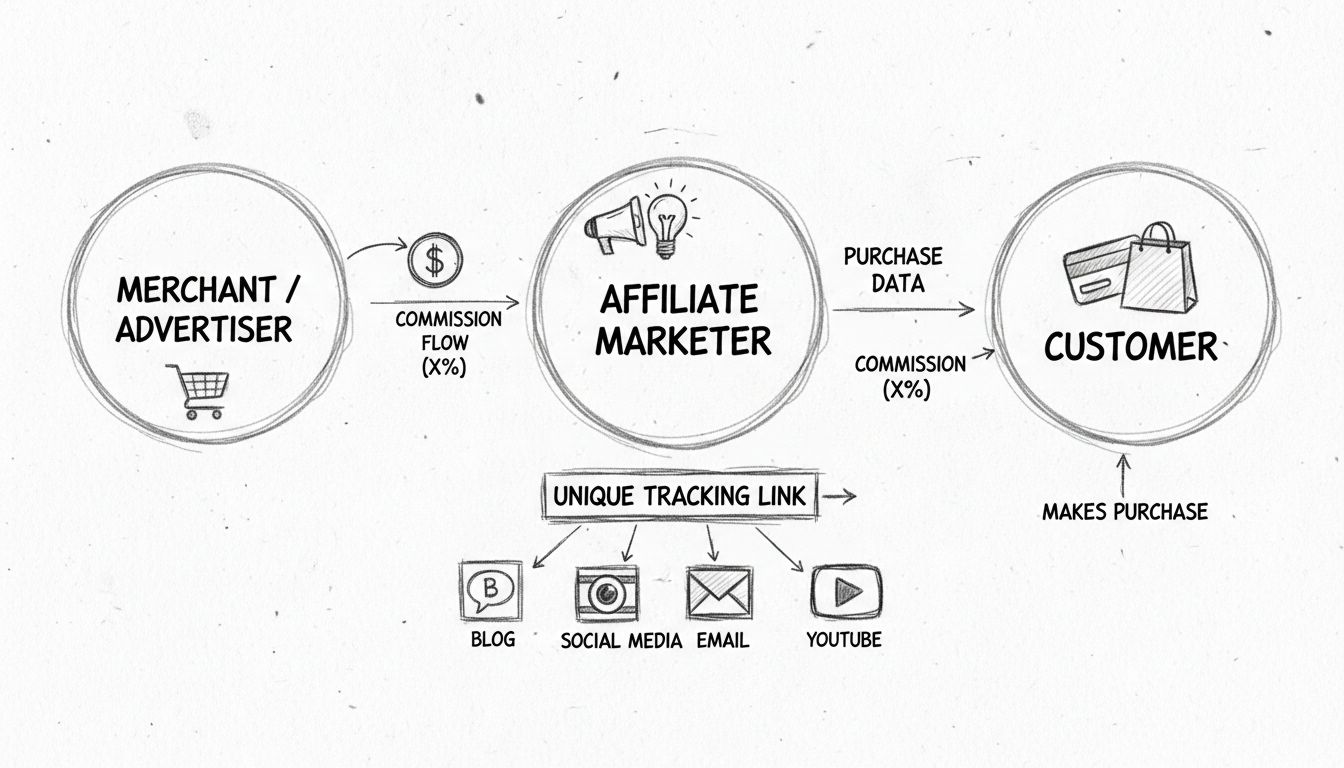 Affiliate-Marketing-Ökosystem: Diagramm zeigt Händler, Affiliate mit Tracking-Link und Kundenkauf mit Provisionspfeilen