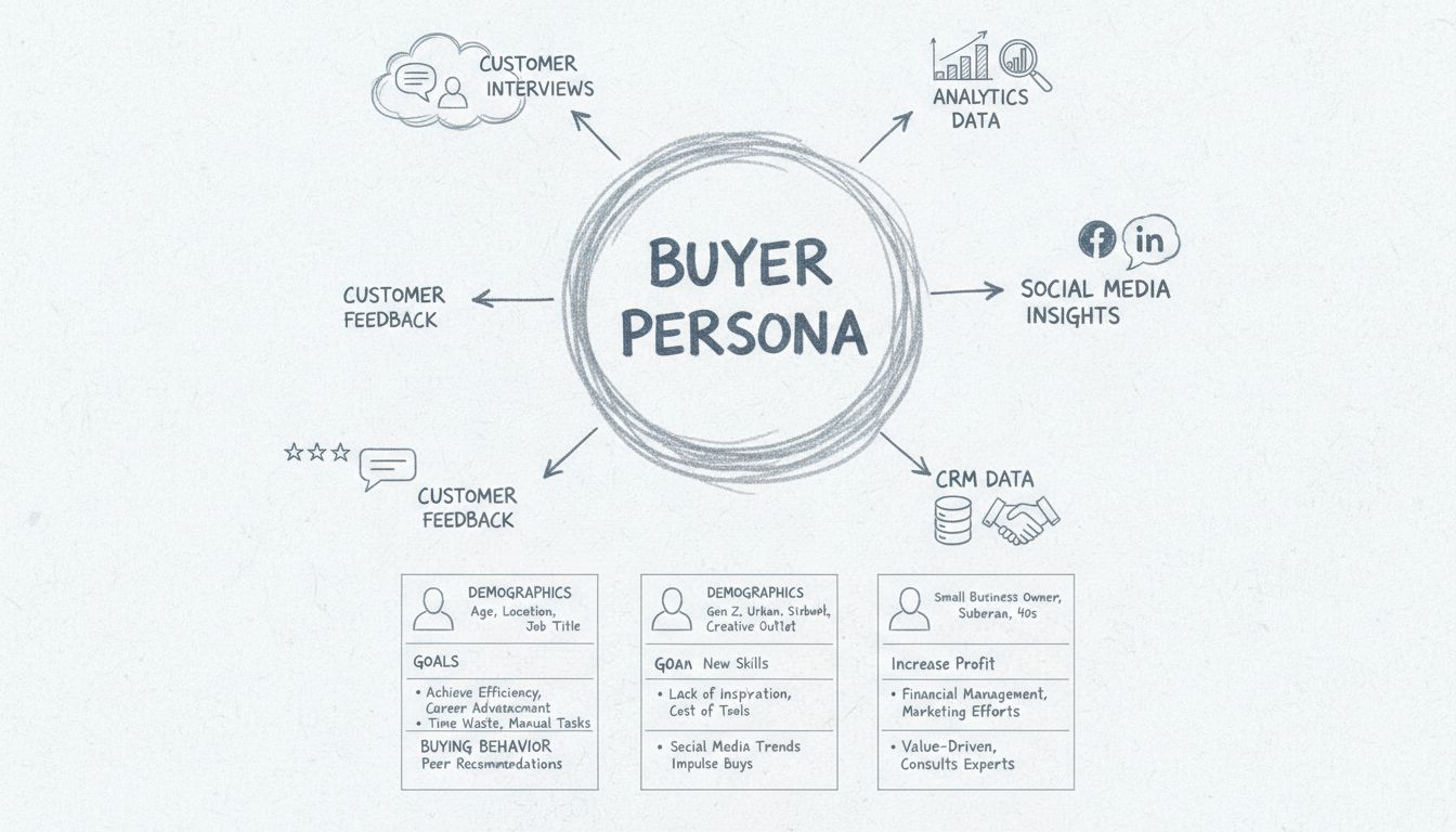 Diagramm des Buyer-Persona-Erstellungsprozesses mit Quellen und Komponenten des Persona-Profils