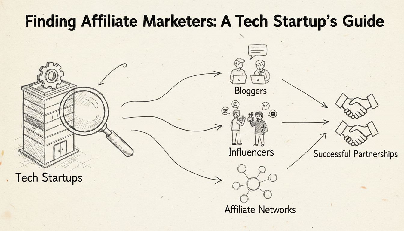 Handgezeichnetes Diagramm, das Wege für Tech-Startups zeigt, wie sie Affiliate-Marketer über Blogger, Influencer und Affiliate-Netzwerke finden