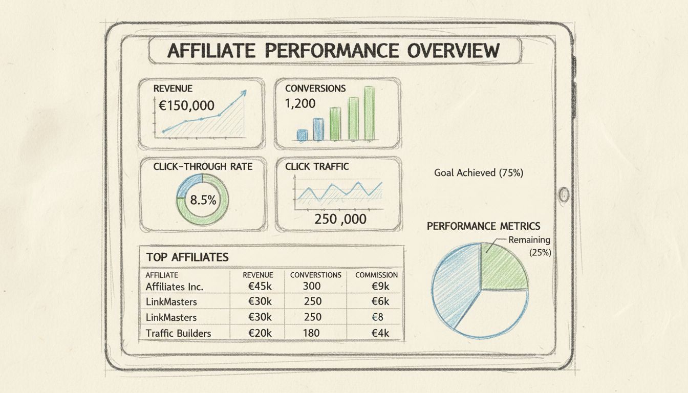 Affiliate-Tracking-Dashboard mit wichtigen Leistungsmetriken wie Conversion-Raten, Umsatz nach Affiliate, Klick-Traffic und KPIs