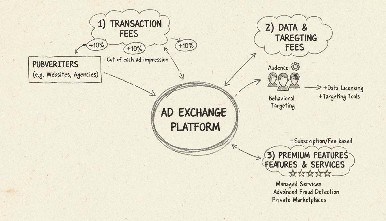 Handgezeichnetes Diagramm, das Einnahmequellen von Ad Exchanges zeigt, darunter Transaktionsgebühren, Datendienste und Premium-Features