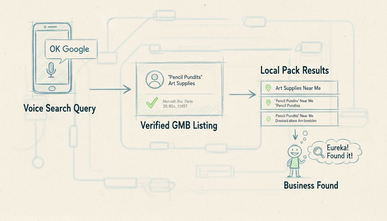 Google My Business-Verifizierungsprozess für die Sprachsuche mit Smartphone und Sprachsuchanfrage, verifizierter GMB-Profilkarte mit Häkchen, Local-Pack-Ergebnissen und Unternehmensentdeckungs-Flow