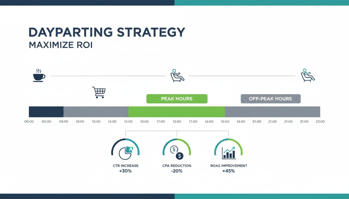 Dayparting-Strategie-Infografik zeigt 24-Stunden-Zeitleiste mit Spitzen- und Nebenzeiten, Leistungskennzahlen wie CTR-Anstieg, CPA-Reduktion und ROAS-Verbesserung