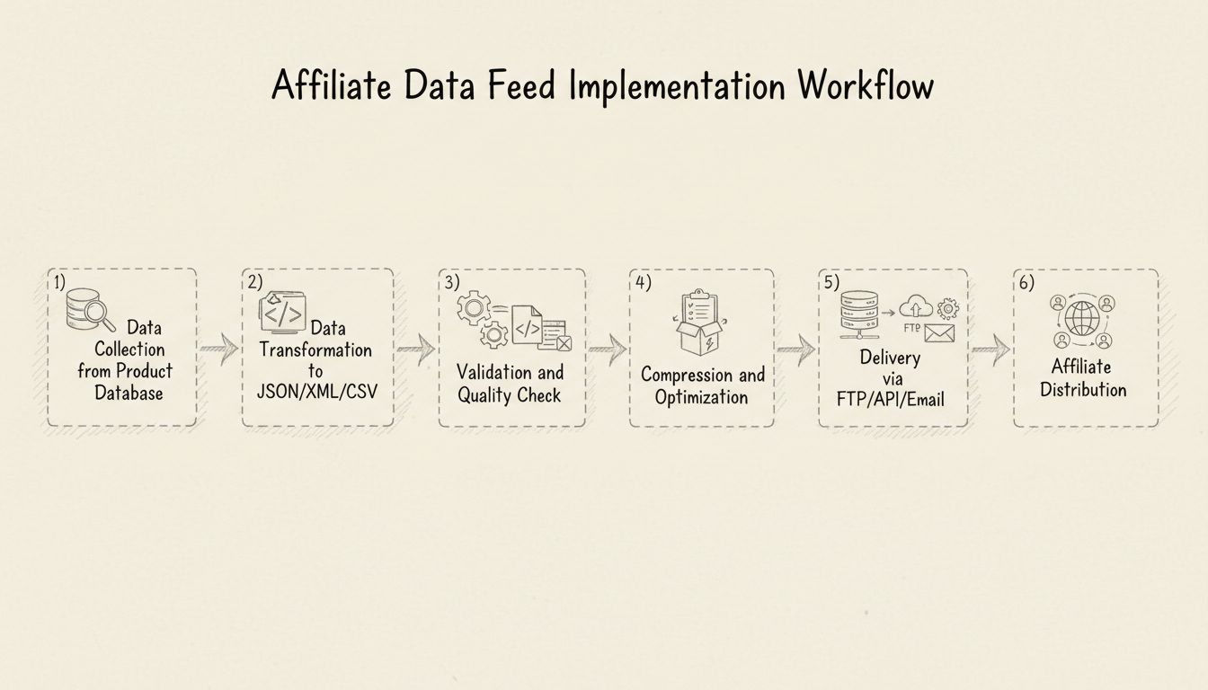 Diagramm zum Workflow der Affiliate-Datenfeed-Implementierung mit den Phasen Datensammlung, Transformation, Validierung, Komprimierung, Zustellung und Verteilung