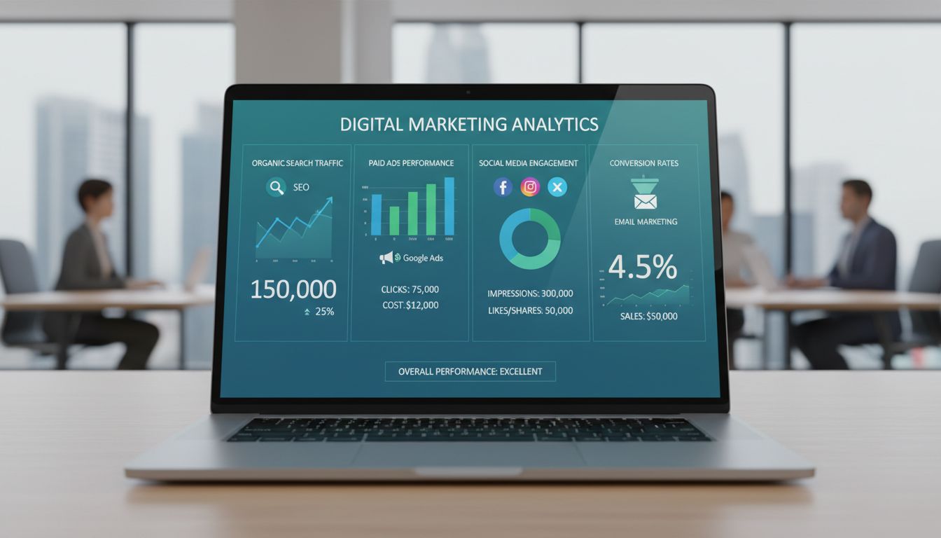 Digitales Marketing-Dashboard zeigt Website-Traffic-Analysen mit Diagrammen und Kennzahlen zu SEO, bezahlten Anzeigen, Social Media und E-Mail-Marketing-Performance