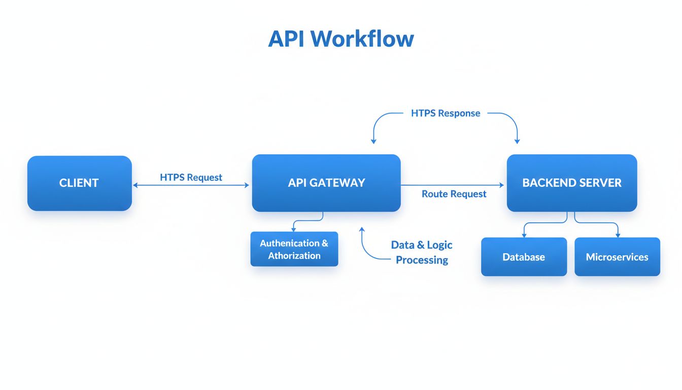 API-Workflow-Diagramm, das zeigt, wie eine Client-Anwendung eine Anfrage an das API-Gateway sendet, welches diese zum Backend-Server weiterleitet und die Antwort zurückgibt