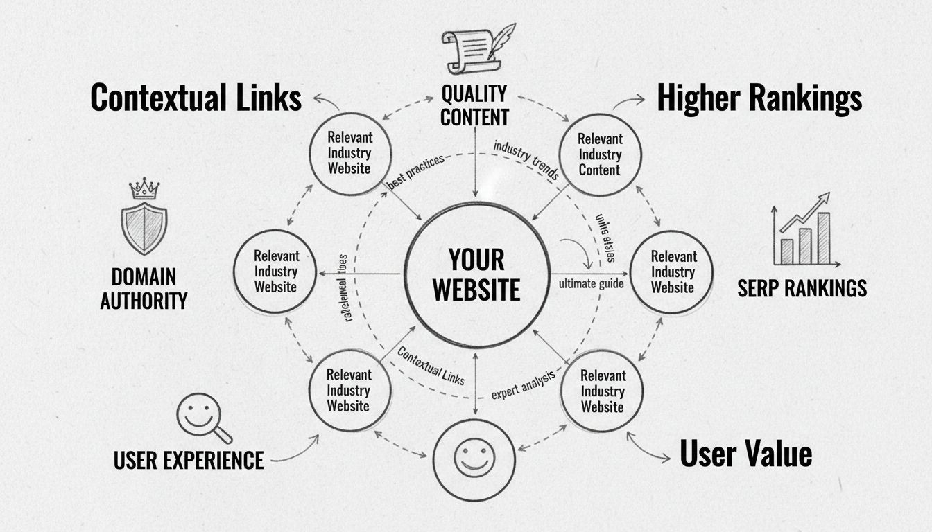 Diagramm einer kontextuellen Linkbuilding-Strategie mit Website-Verbindungen und Relevanzindikatoren