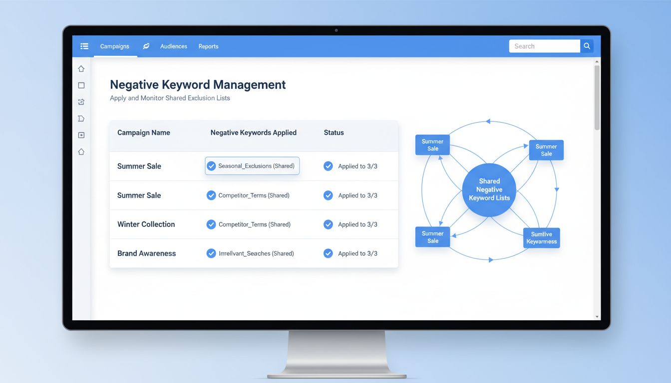 Dashboard zeigt die Verwaltung von negativen Keywords mit mehreren Kampagnen und gleichzeitig angewandten gemeinsamen Listen negativer Keywords