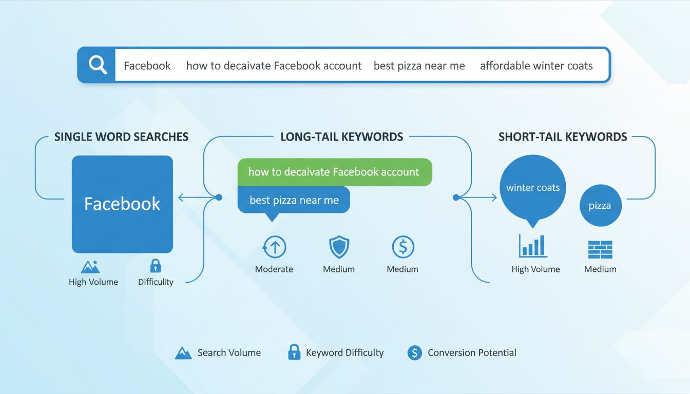 Infografik zu Suchbegriffen und Keywords, die verschiedene Arten von Suchanfragen und deren Eigenschaften zeigt