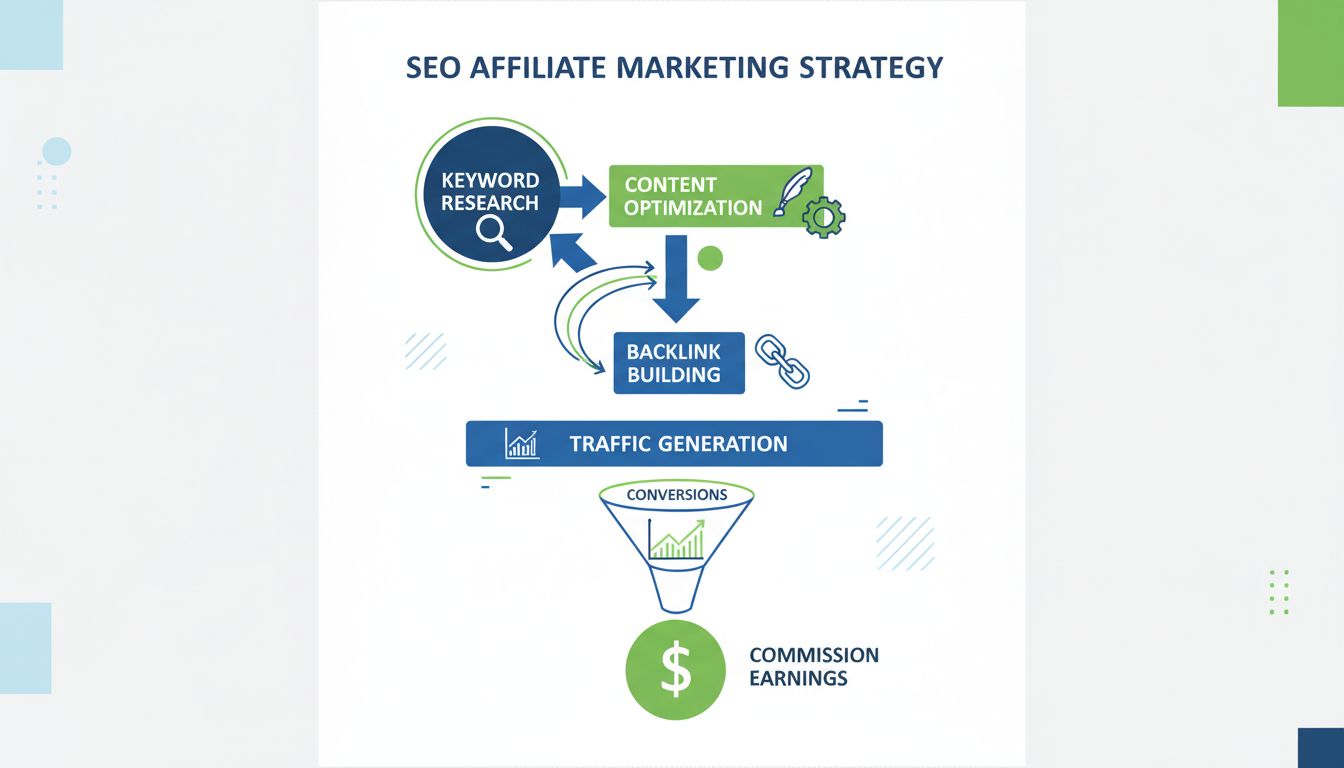 SEO Affiliate Marketing Strategie Infografik zeigt Keyword-Recherche, Content-Optimierung, Linkaufbau, Traffic-Generierung und Provisions-Workflow