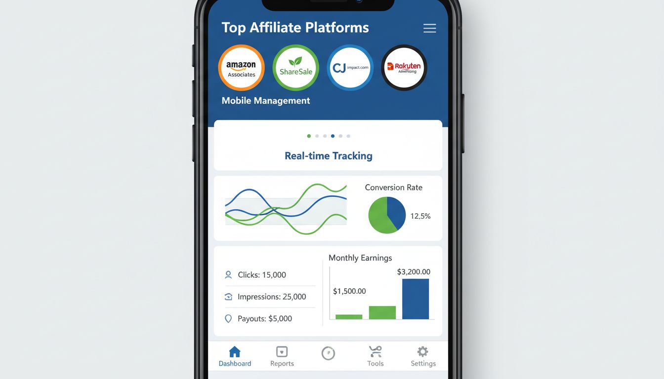 Dashboard für mobile Affiliate-Marketing-Tools und Plattformen mit Top-Netzwerken und Analysen