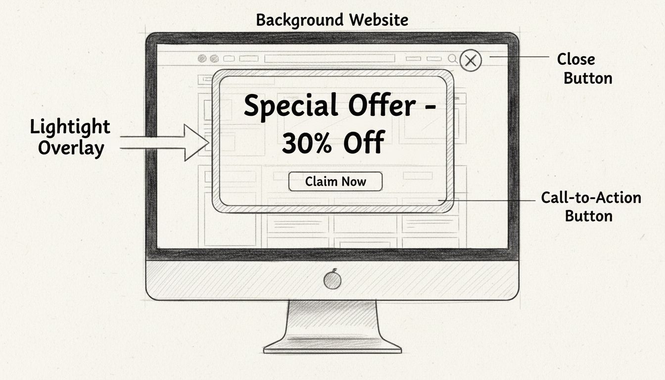 Handgezeichnetes Diagramm zeigt die Struktur eines Lightbox-Banners mit Overlay, Call-to-Action-Button, Schließen-Button und Website-Elementen im Hintergrund