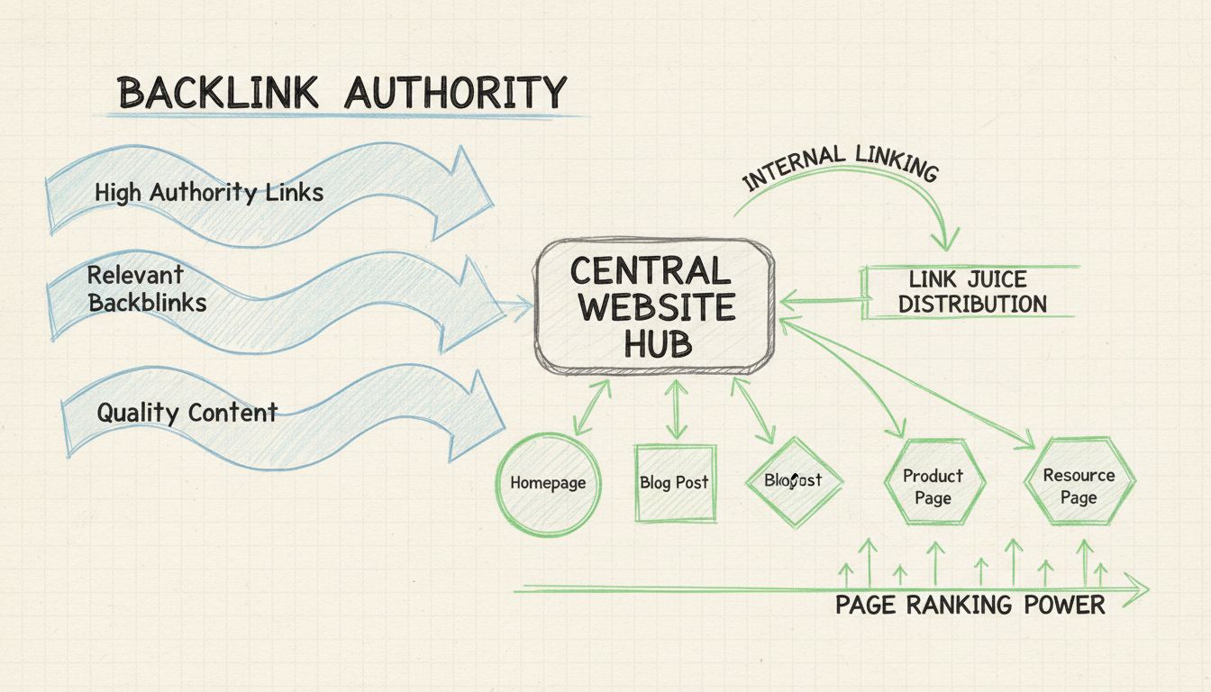 Diagramm zur Link-Juice-Verteilung, das zeigt, wie die Autorität durch Backlinks und interne Verlinkung auf verschiedene Seiten verteilt wird