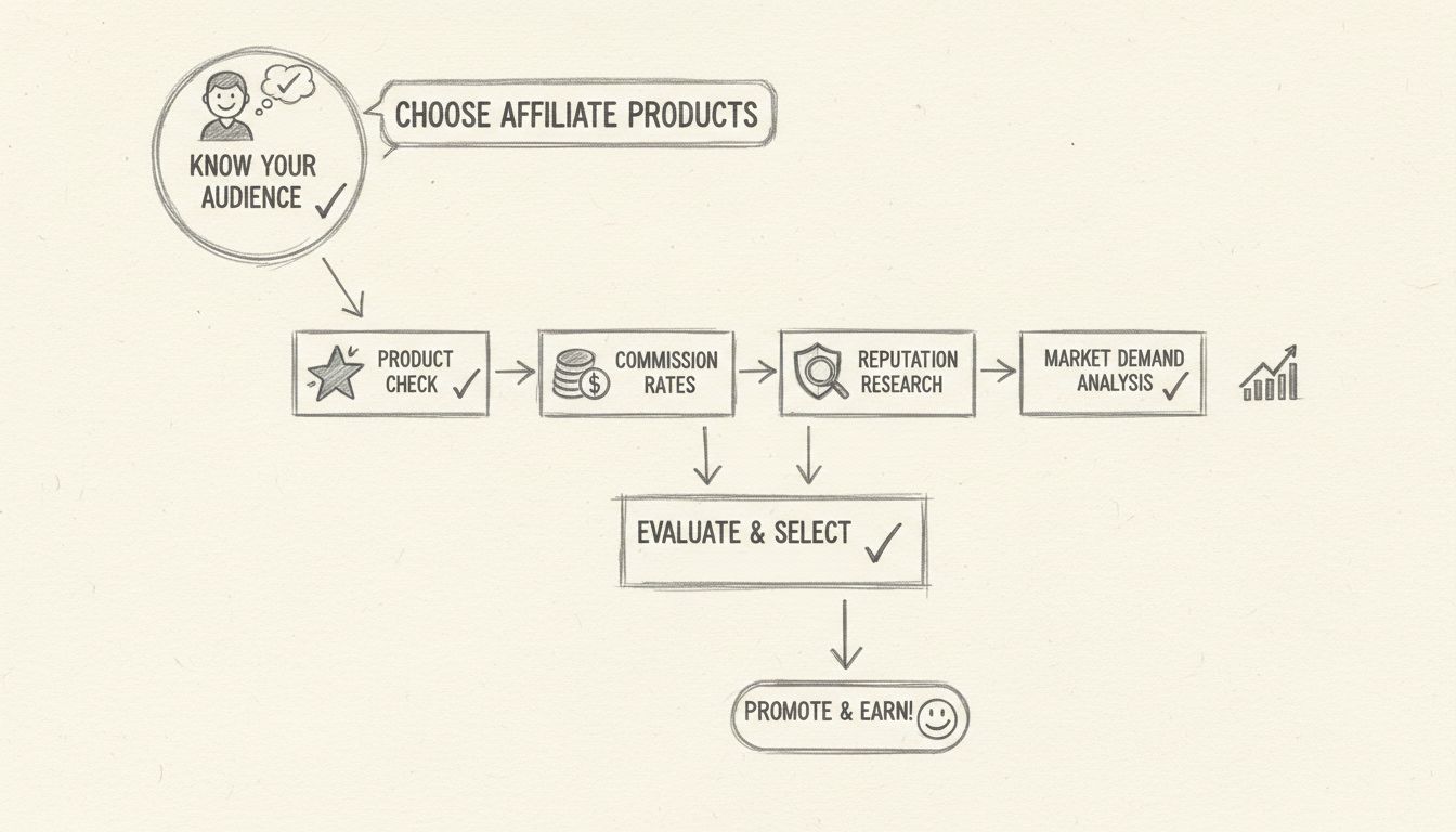Flussdiagramm, das den Entscheidungsprozess zur Auswahl von Affiliate-Produkten mit wichtigen Bewertungskriterien zeigt