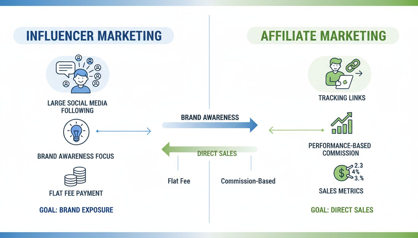 Vergleichsdiagramm, das Influencer Marketing vs. Affiliate Marketing mit zentralen Unterschieden bei Zielen, Vergütungsmodellen und Kennzahlen zeigt