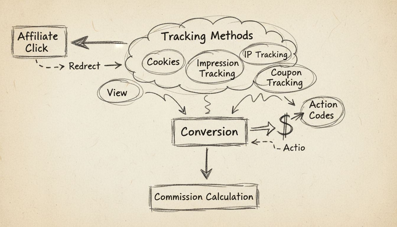 Affiliate-Tracking-Methoden Flussdiagramm: Cookies, IP-Tracking, Impression-Tracking, Gutscheincodes und Aktions-Tracking vom Affiliate-Klick bis zur Conversion und Provisionsberechnung