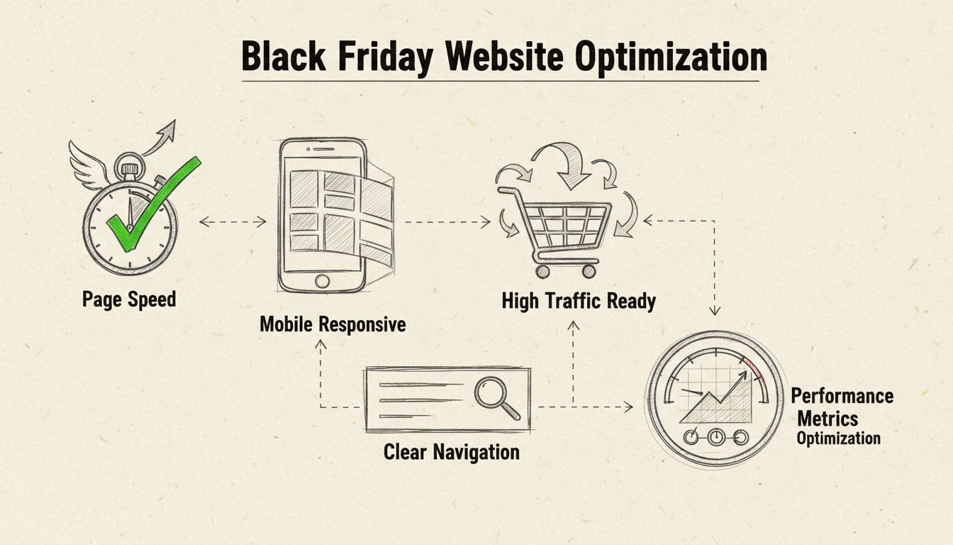 Diagramm zur Website-Optimierung mit Seitenladezeit, mobiler Responsivität, klarer Navigation und hoher Traffic-Bereitschaft für den Black Friday