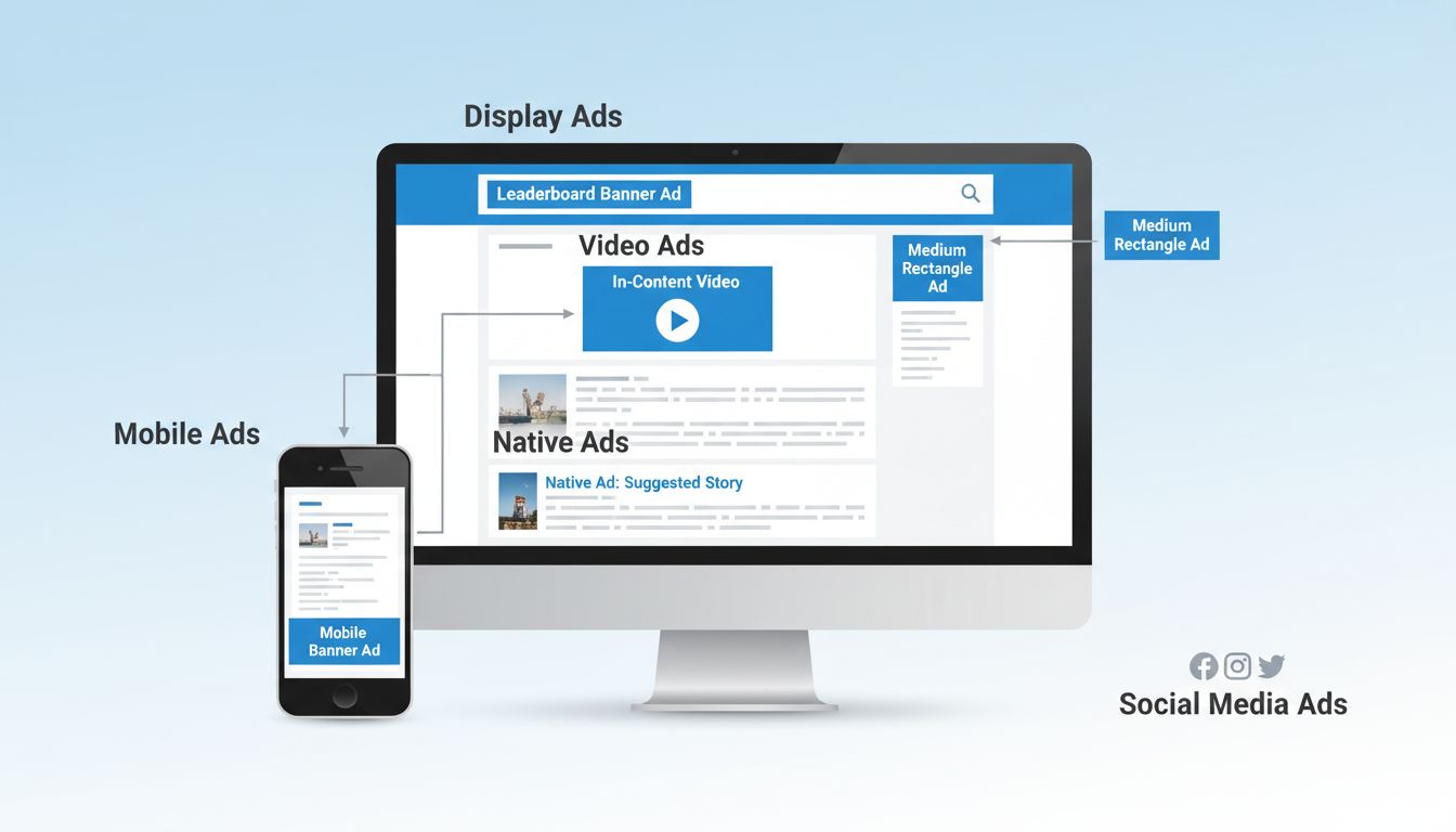 Diagramm zu Placement-Typen im digitalen Marketing mit verschiedenen Anzeigenformaten auf Website- und Mobile-Layouts