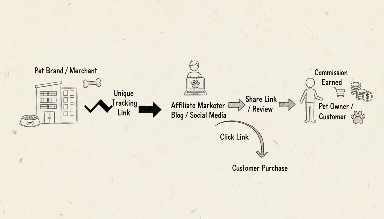 Handgezeichnetes Diagramm, das zeigt, wie Affiliate-Programme für Haustiere mit Haustiermarke, Affiliate-Marketer und Kundenfluss funktionieren