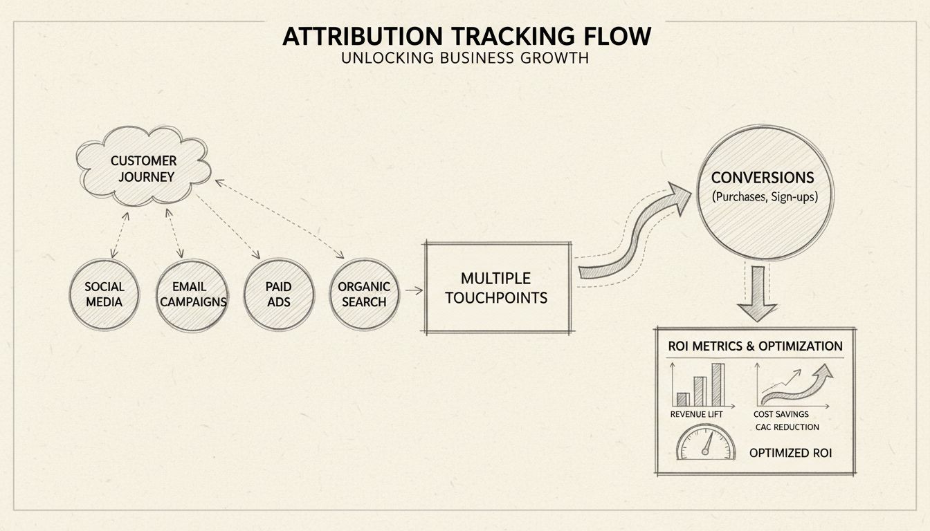 Attributions-Tracking-Flussdiagramm zeigt die Customer Journey durch verschiedene Touchpoints wie Social Media, E-Mail, bezahlte Werbung und organische Suche bis hin zu Conversions und ROI-Kennzahlen