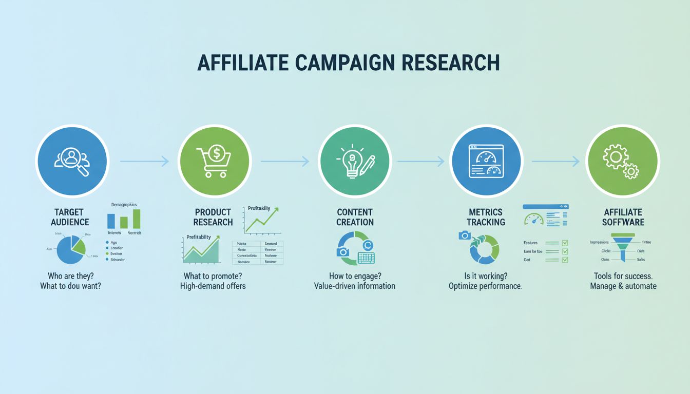 Infografik mit 5 zentralen Recherchestufen für Affiliate-Kampagnen: Zielgruppenanalyse, Produktrecherche, Content-Erstellung, Kennzahlen-Tracking und Affiliate-Software-Auswahl