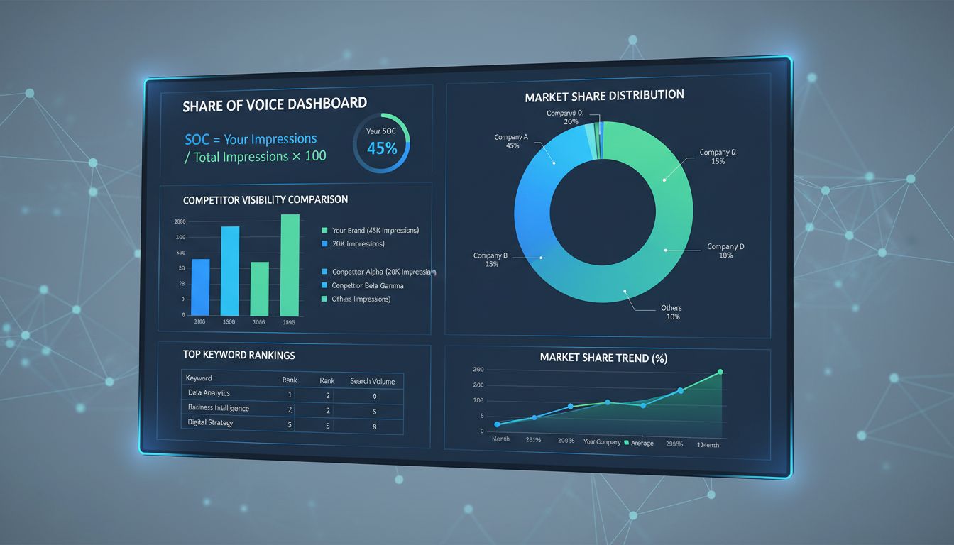 SOC-Berechnungs-Dashboard mit Marktanteilsmetriken, Wettbewerbsanalyse-Charts und Share of Voice-Formel