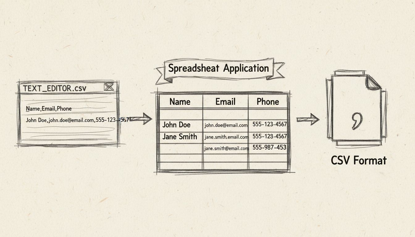 Diagramm der Methoden zur Bearbeitung von CSV-Dateien: Texteditor, Tabellenkalkulation, CSV-Format