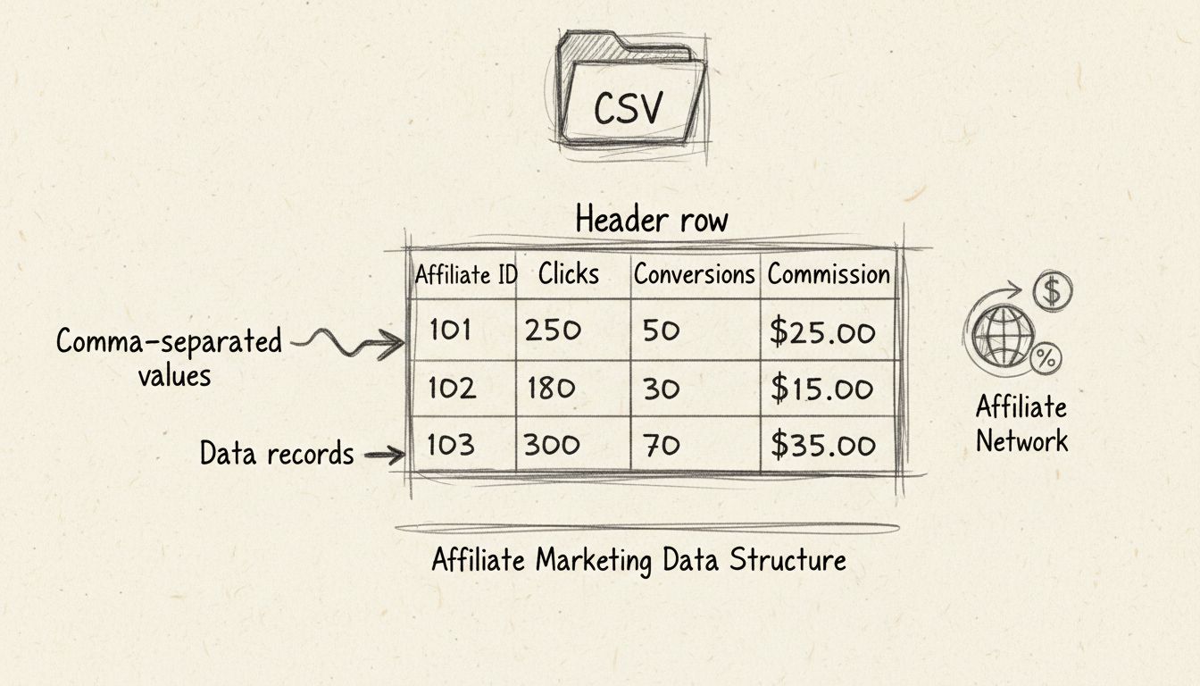 Handgezeichnetes Diagramm, das den Aufbau einer CSV-Datei mit Kopfzeile, Datensätzen und durch Kommas getrennten Werten für Affiliate-Marketing zeigt