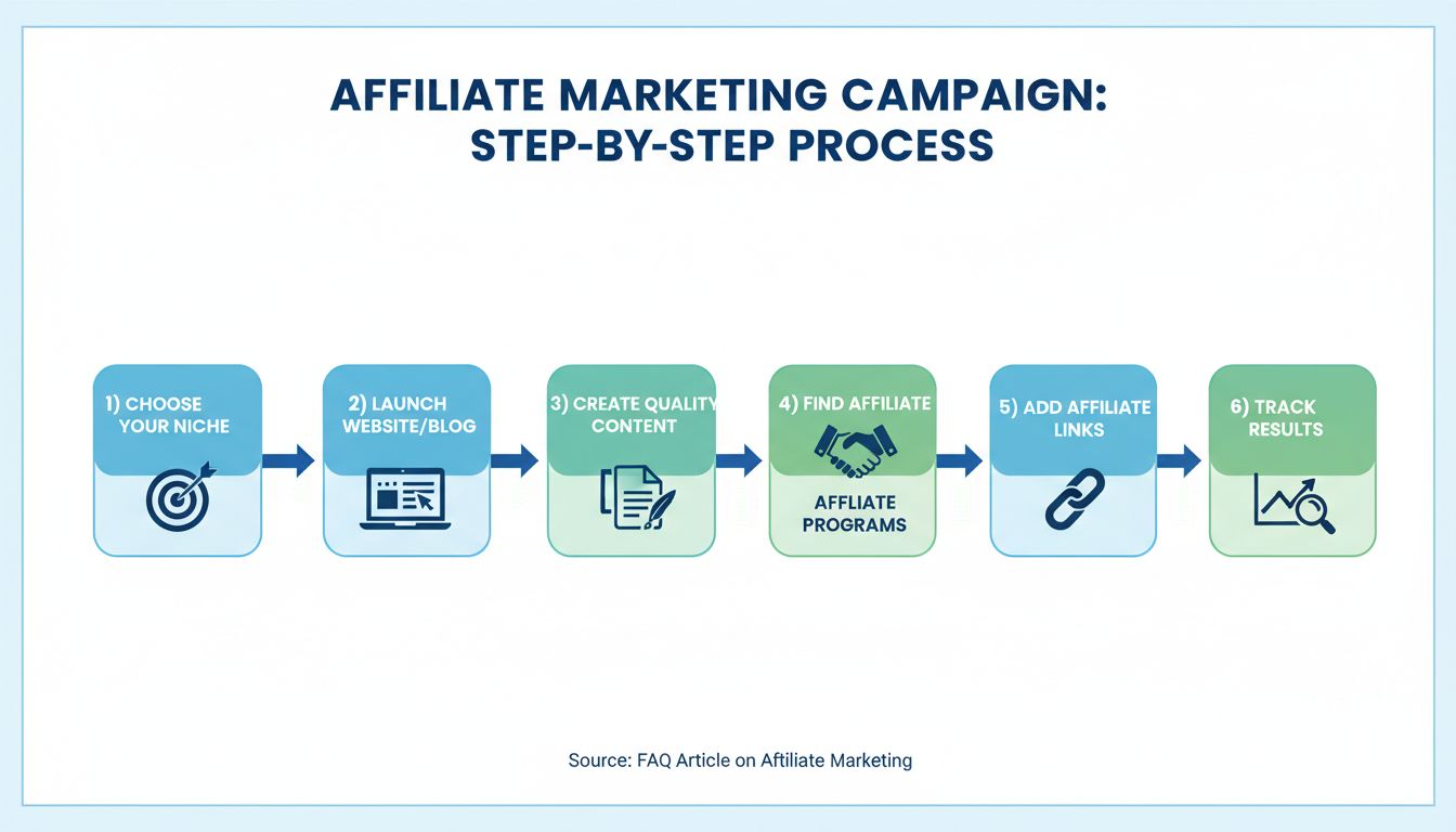 Schritt-für-Schritt-Prozess zum Start einer Affiliate-Marketing-Kampagne mit 6 Hauptschritten: Wählen Sie Ihre Nische, Starten Sie Website/Blog, Erstellen Sie qualitativ hochwertige Inhalte, Finden Sie Affiliate-Programme, Fügen Sie Affiliate-Links hinzu und Verfolgen Sie die Ergebnisse