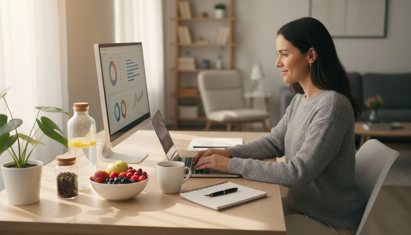 Produktiver Affiliate-Marketer im Homeoffice mit gesunden Lebensstilelementen wie Wasserflasche, frischem Obst und organisiertem Arbeitsplatz