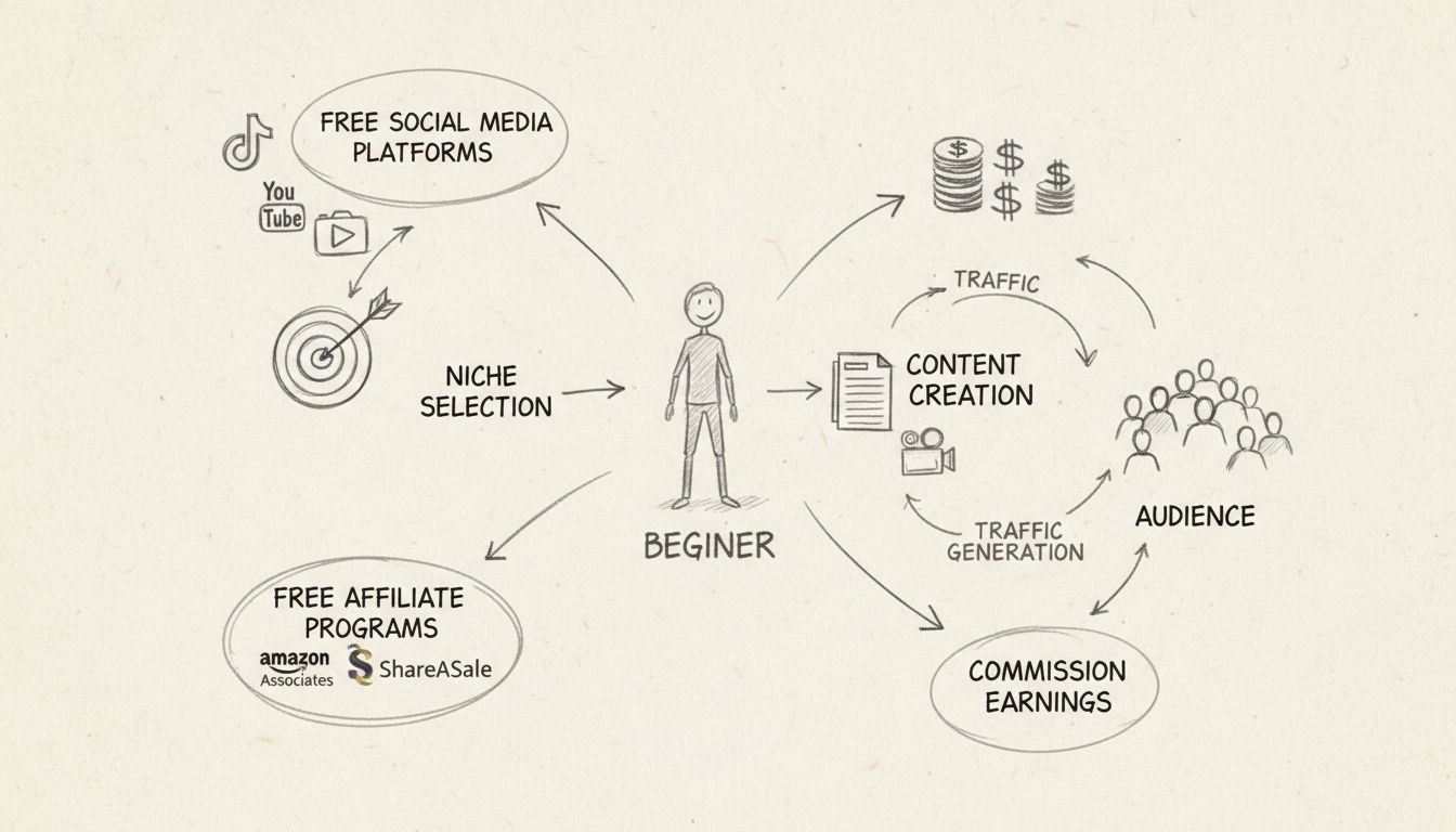 Schritt-für-Schritt-Prozess zum Start ins Affiliate-Marketing ohne Geld: kostenlose Plattformen, Nischenwahl, Affiliate-Programme, Inhaltserstellung, Traffic-Generierung und Provisionseinnahmen