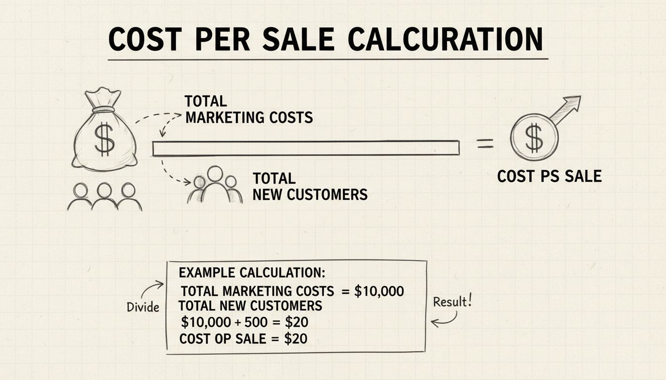 Handgezeichnetes Diagramm zur Formel der Cost per Sale-Berechnung mit Marketingkosten geteilt durch Kunden