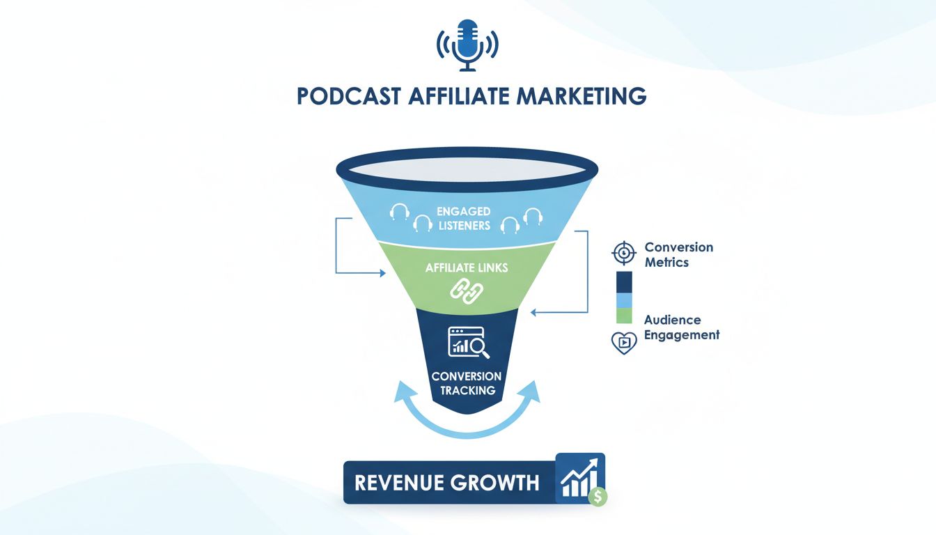 Podcast-Affiliate-Marketing-Infografik mit Konversions-Trichter und Engagement-Metriken