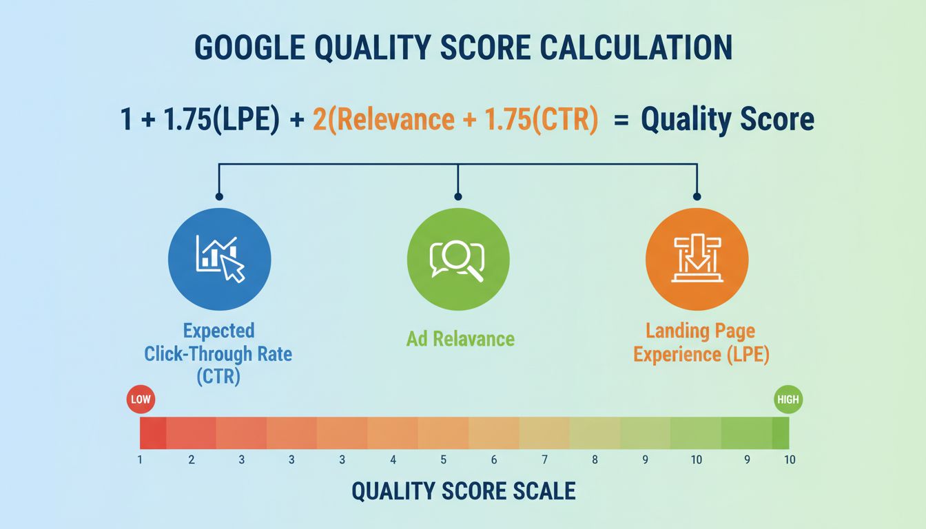 Infografik zur Berechnung des Google Quality Score mit drei Komponenten und 1-10 Skala