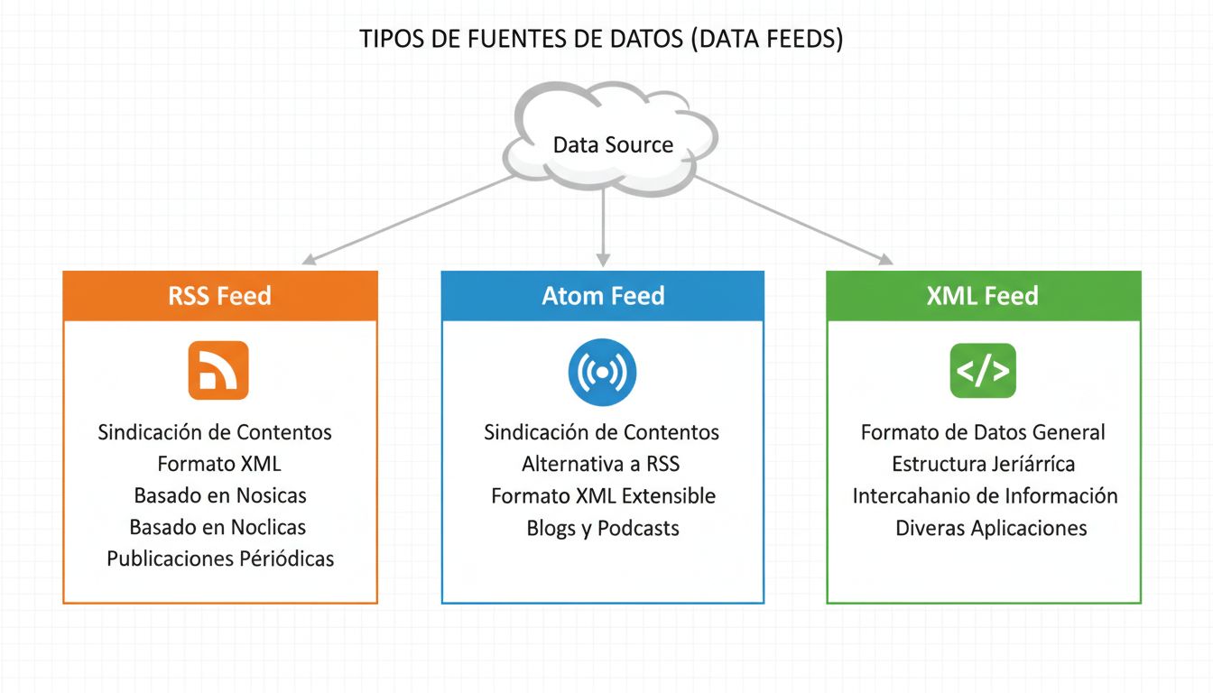 Diagramm mit drei Arten von Datenfeeds: RSS-, Atom- und XML-Feeds mit ihren Merkmalen