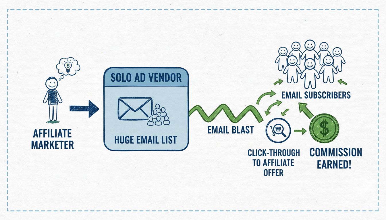 Diagramm des Solo-Anzeigen-Workflows mit Affiliate-Marketer, Anbieter, E-Mail-Liste und Provisionsfluss