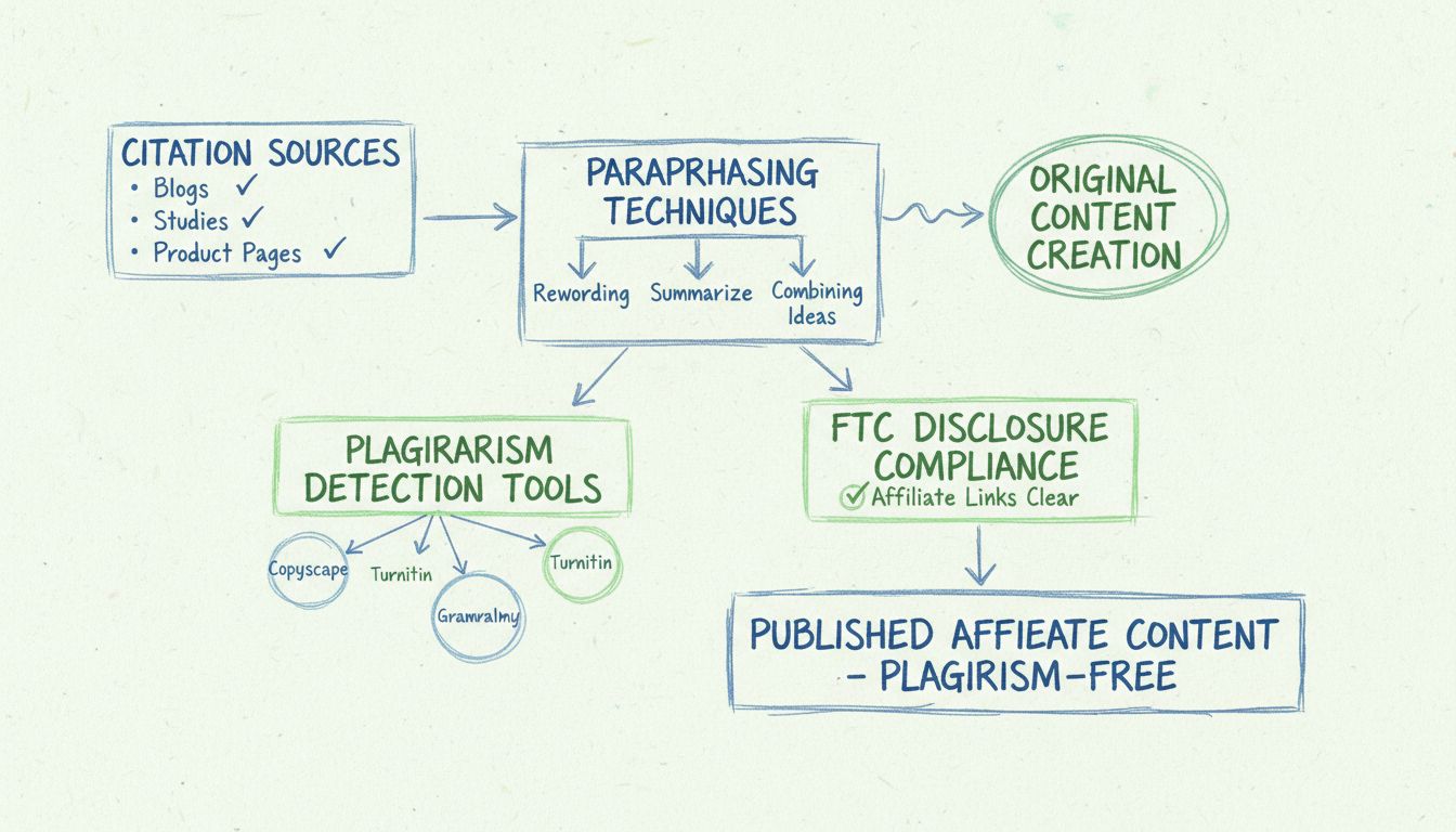 Diagramm zum Workflow der Plagiatsprävention mit Quellenangabe, Paraphrasierungstechniken, Plagiatserkennungstools und FTC-Compliance-Schritten