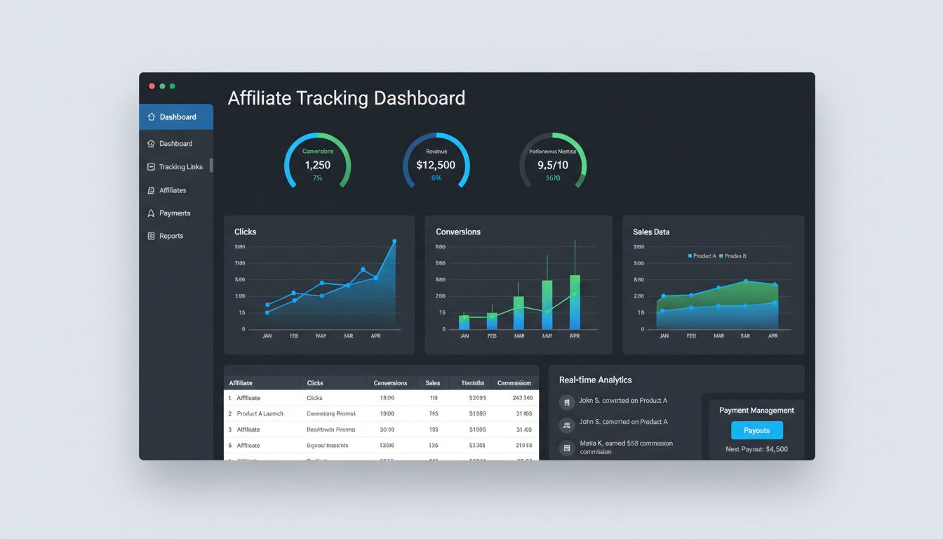 Affiliate-Tracking-Software-Dashboard mit Echtzeit-Leistungskennzahlen, Conversion-Tracking und Provisionsverwaltung