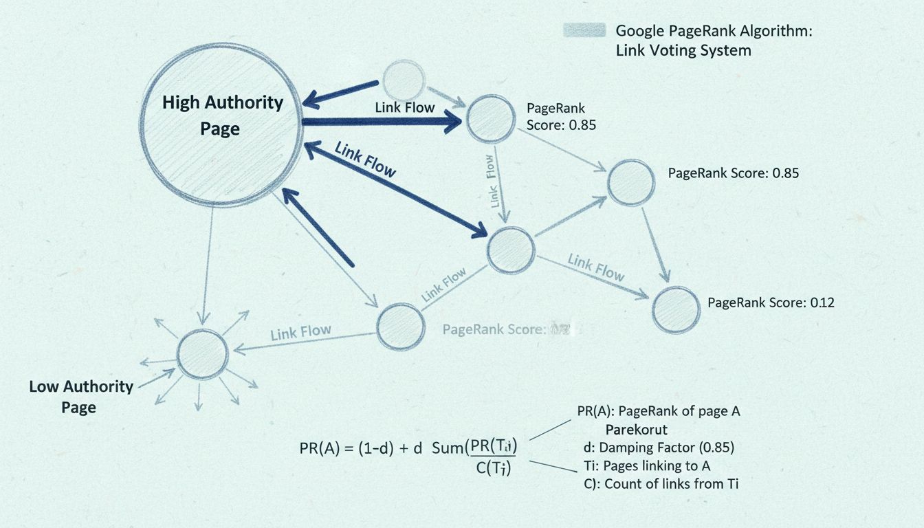 Visualisierung des PageRank-Algorithmus mit Netzwerk verknüpfter Webseiten, Linkfluss und Autoritätsverteilung