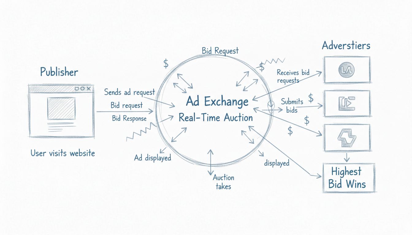 RTB Real-Time Bidding Ablaufdiagramm mit Publisher, Ad Exchange und Werbetreibenden im Echtzeit-Auktionswettbewerb